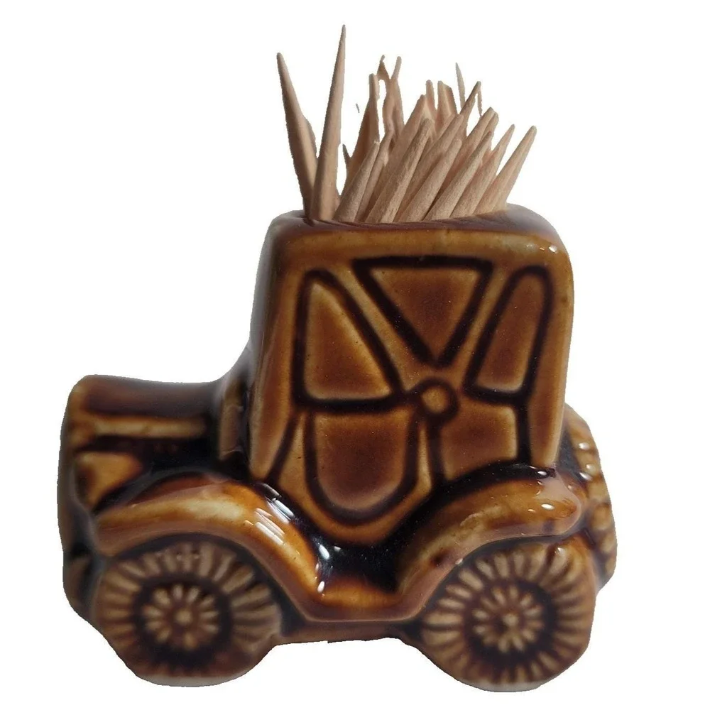 Ceramic Car Toothpick Holder Brown Glazed Retro Novelty Small Kitchen Decor